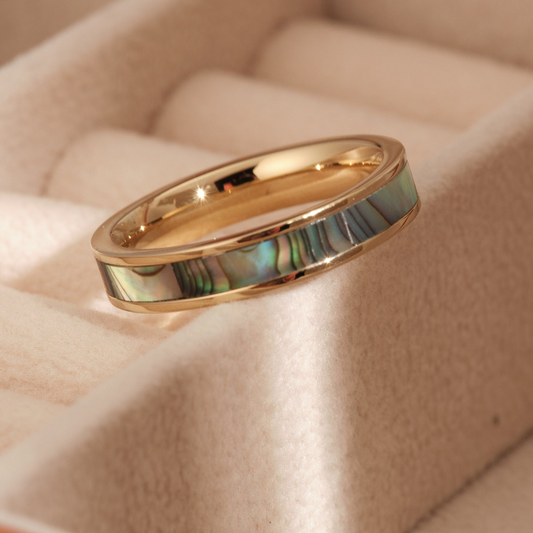 a gold ring with a mother of pearl in it