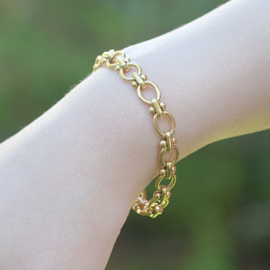 a person wearing a gold chain bracelet