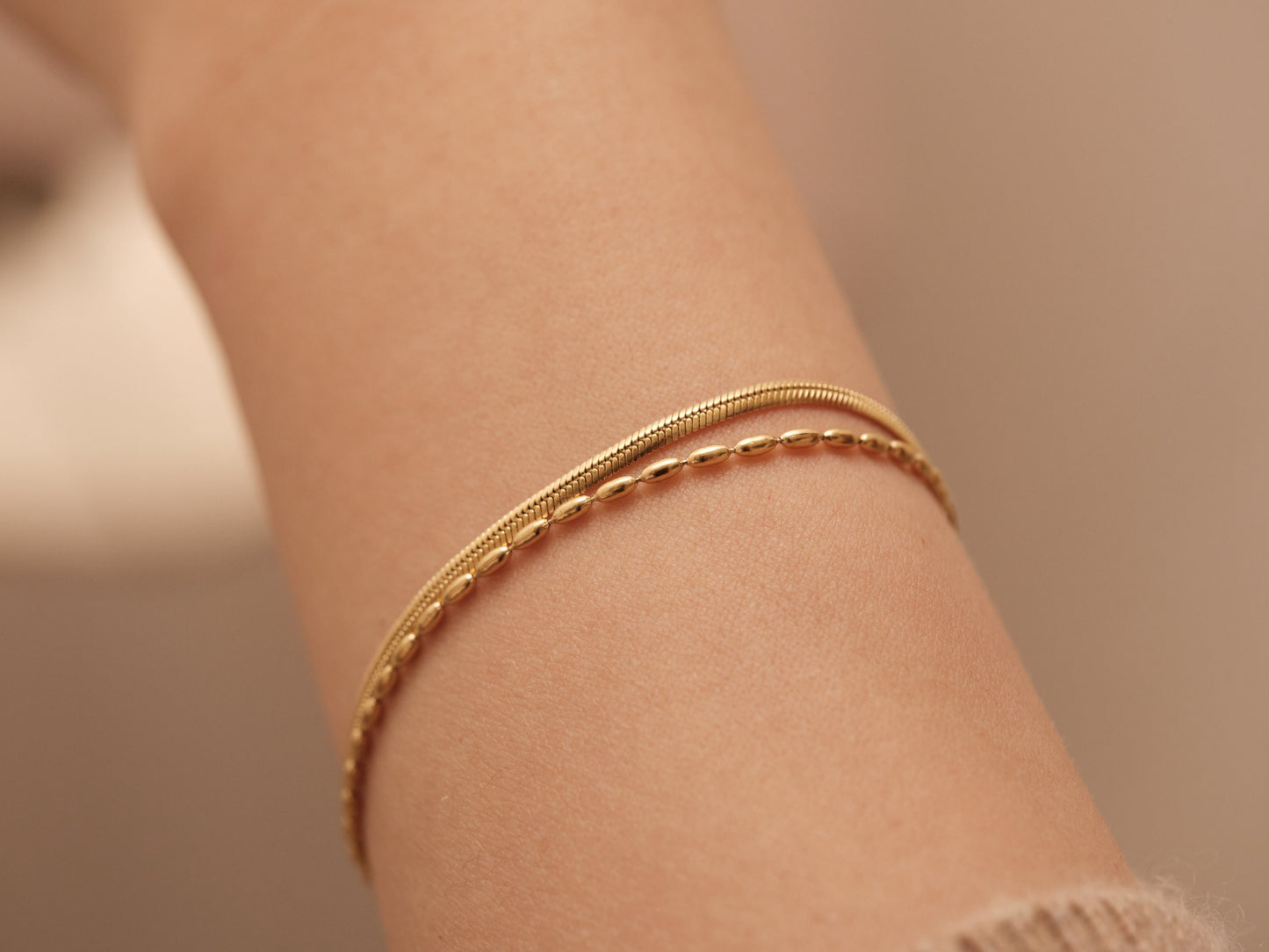 Gold Double Layer Bracelet, Double Herringbone Bracelet, Gold 2 Layer Bracelet, Beaded Bracelet, Waterproof, Double Snake Chain Bracelet