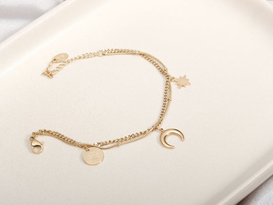 Star, Moon and Sun 18K Gold Layered Bracelet Dainty Minimalistic Stacking Bracelet. Layering Bracelet. Mother Daughter Sun Moon Star