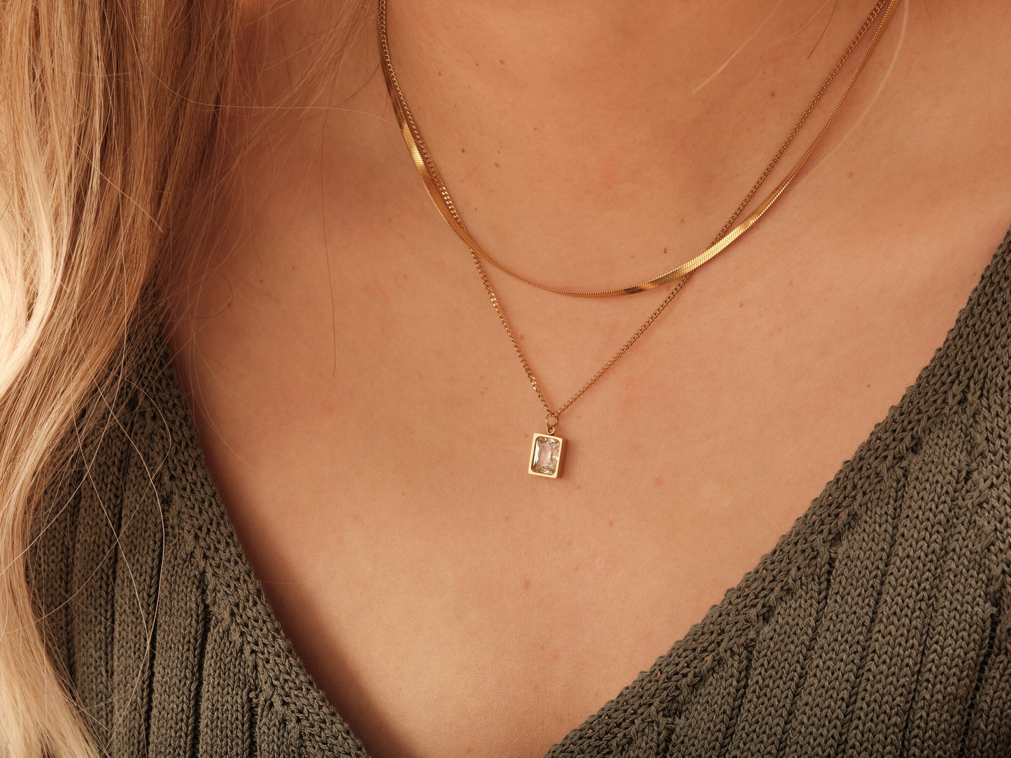 Gold Herringbone Layered Necklace, Square Gemstone Zircon Necklace, WATERPROOF, Snake Chain Necklace, Double Layer Necklace, CZ Pendant