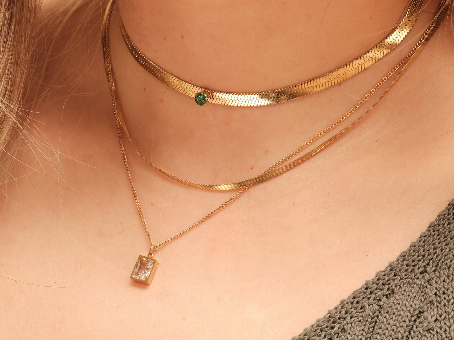 Gold Herringbone Layered Necklace, Square Gemstone Zircon Necklace, WATERPROOF, Snake Chain Necklace, Double Layer Necklace, CZ Pendant