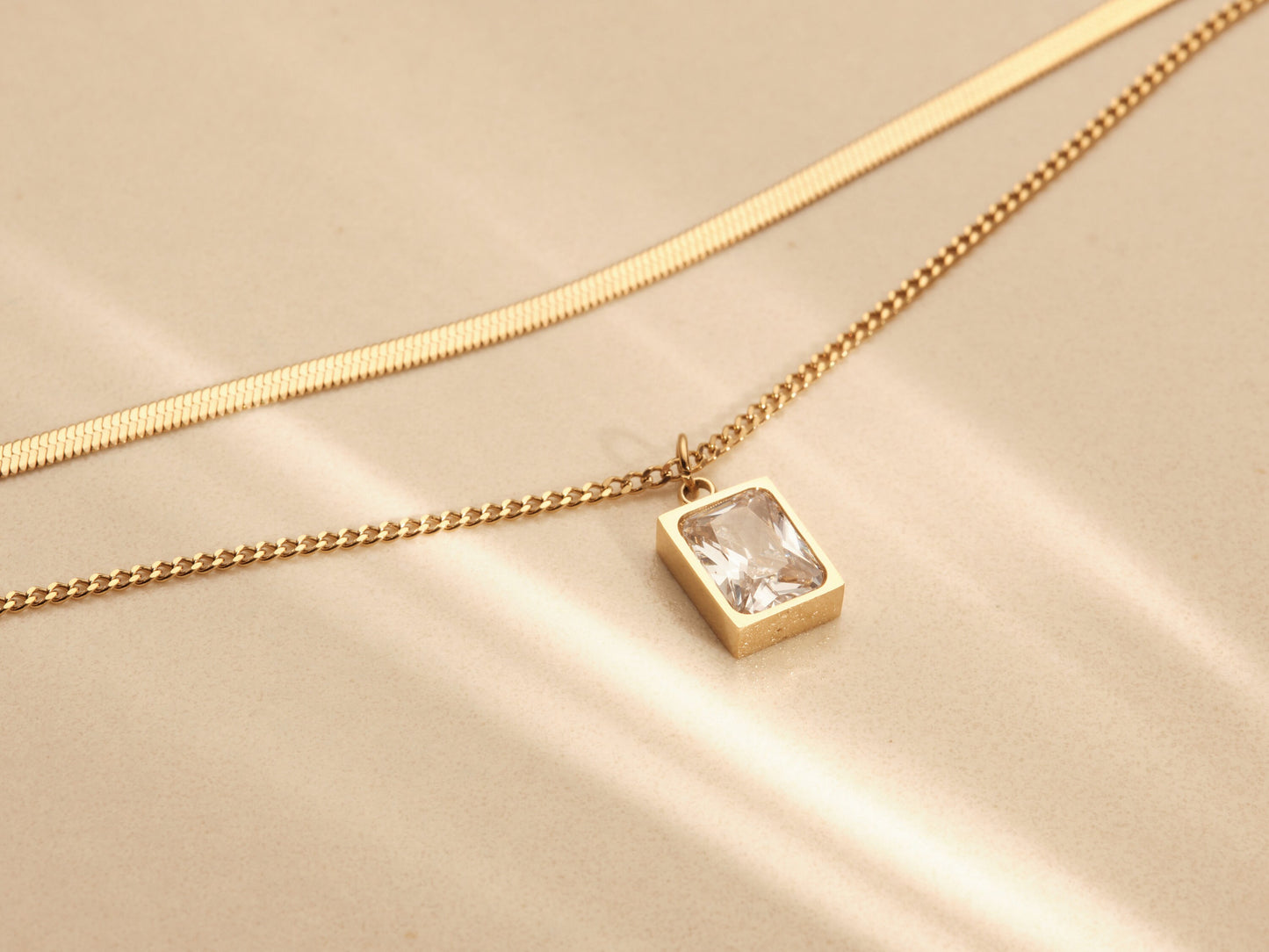 Gold Herringbone Layered Necklace, Square Gemstone Zircon Necklace, WATERPROOF, Snake Chain Necklace, Double Layer Necklace, CZ Pendant