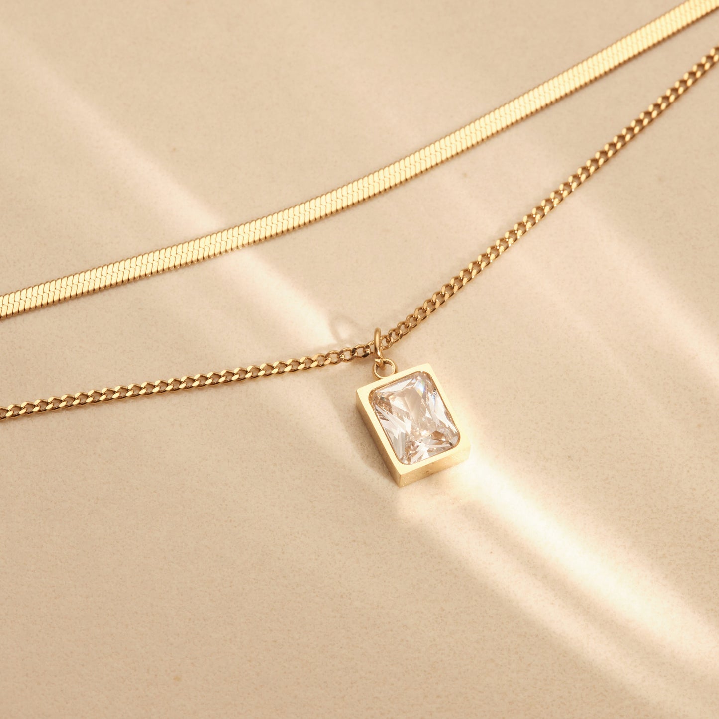 Gold Herringbone Layered Necklace, Square Gemstone Zircon Necklace, WATERPROOF, Snake Chain Necklace, Double Layer Necklace, CZ Pendant