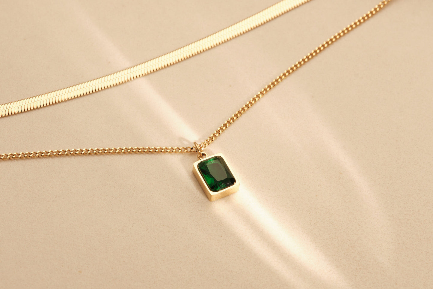 Gold Herringbone Layered Necklace, Square Gemstone Zircon Necklace, WATERPROOF, Snake Chain Necklace, Double Layer Necklace, CZ Pendant