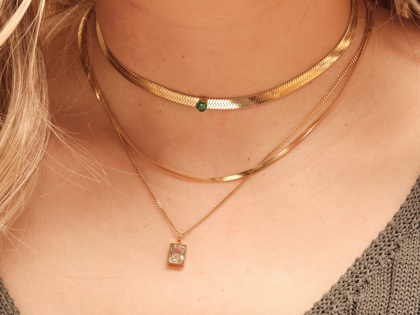 Gold Herringbone Layered Necklace, Square Gemstone Zircon Necklace, WATERPROOF, Snake Chain Necklace, Double Layer Necklace, CZ Pendant