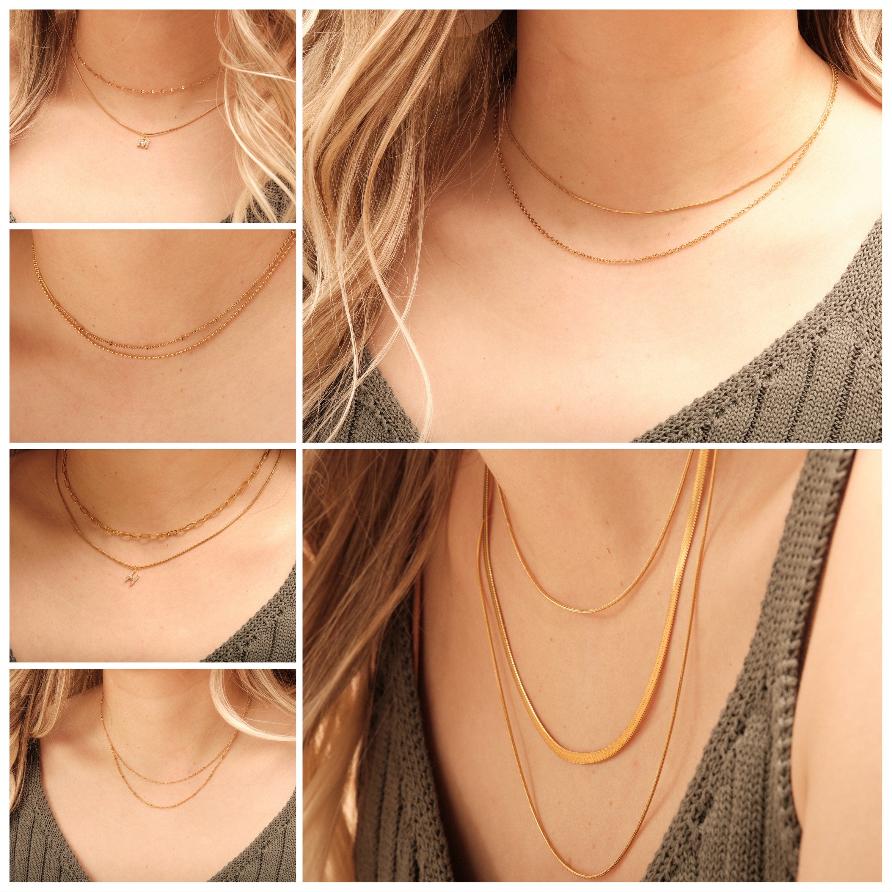 DOUBLE LAYER outlet HERRINGBONE 18K GOLD CHAIN NECKLACE