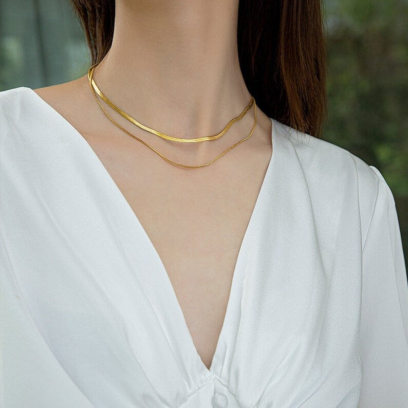 18K Gold Double Herringbone Necklace, Double Chains Necklace, Gold Snake Chain Box Chain Layering Necklace, gift for mom, Mother's Day Gift