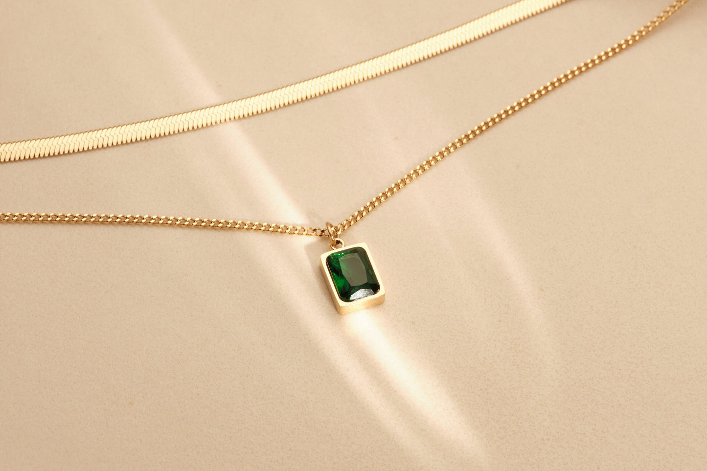 Gold Herringbone Layered Necklace, Square Gemstone Zircon Necklace, WATERPROOF, Snake Chain Necklace, Double Layer Necklace, CZ Pendant