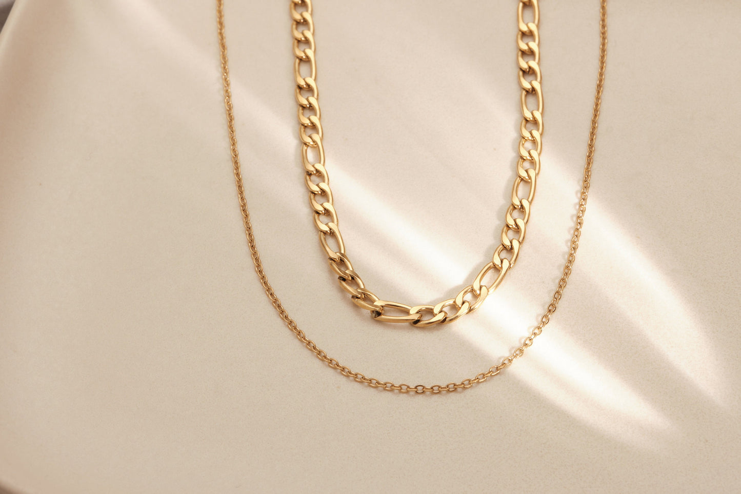 Double Chains Necklace Gold Figaro Chain Necklace, Layered Necklace, Gold Layered Chain, Double Figaro/Cable Chain Necklace, WATERPROOF