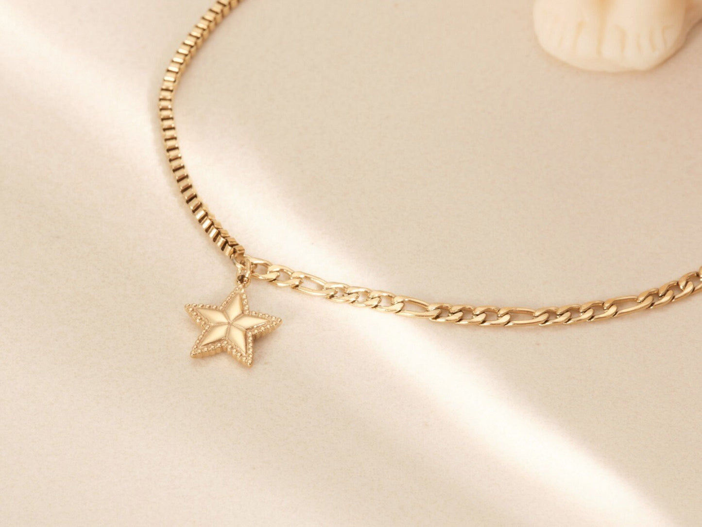 Gold Pentagram Star Bracelet, Gold Chain Bracelet, Half Figaro Chain Half Box Chain Bracelet, Gold Star Bracelet, Gold Bracelet, WATERPROOF