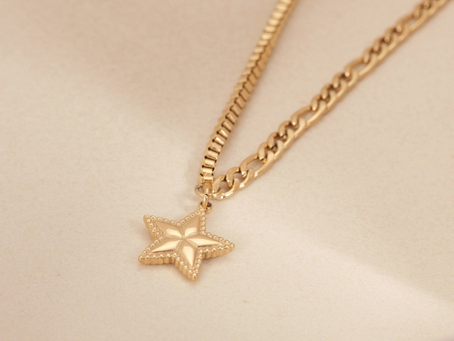 Gold Pentagram Star Bracelet, Gold Chain Bracelet, Half Figaro Chain Half Box Chain Bracelet, Gold Star Bracelet, Gold Bracelet, WATERPROOF