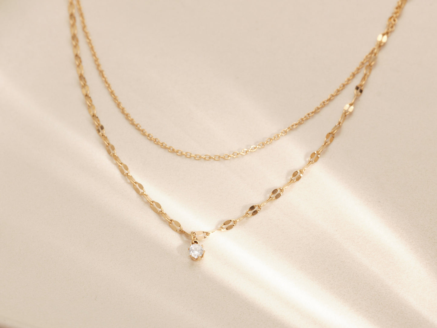 Gold Double chain CZ Necklace, Tiny Zircon Necklace, Tiny cz Necklace, Dainty Necklace, Sequin Chain Necklace, Float CZ Necklace, waterproof