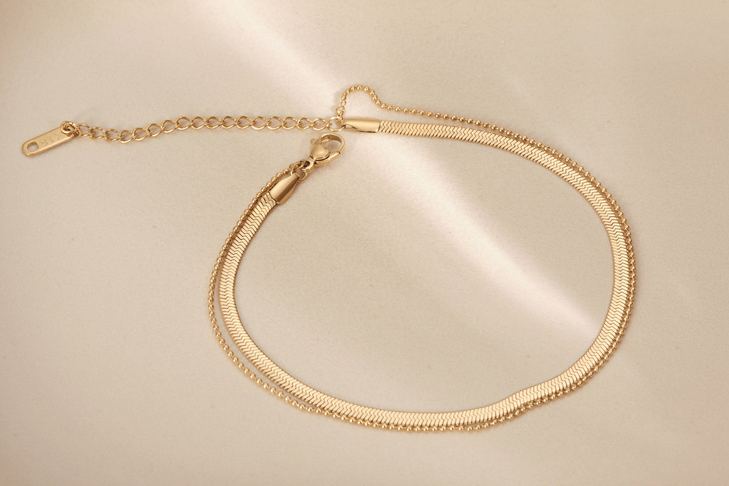 18K Gold Bracelet, Gold Double Chain Bracelet, Herringbone Bracelet, Snake Chain Bracelet, Gold Anklet, Double chain, Beaded Bracelet