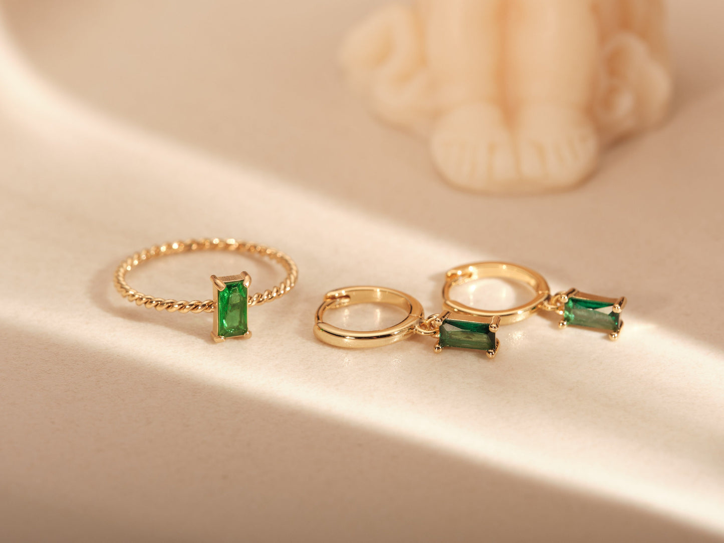 Zircon Stone Ring, Perfect Gift for her, Green CZ Ring, Emerald Earrings, Emerald Baguette Hoops, White Baguette Ring, Silver Post