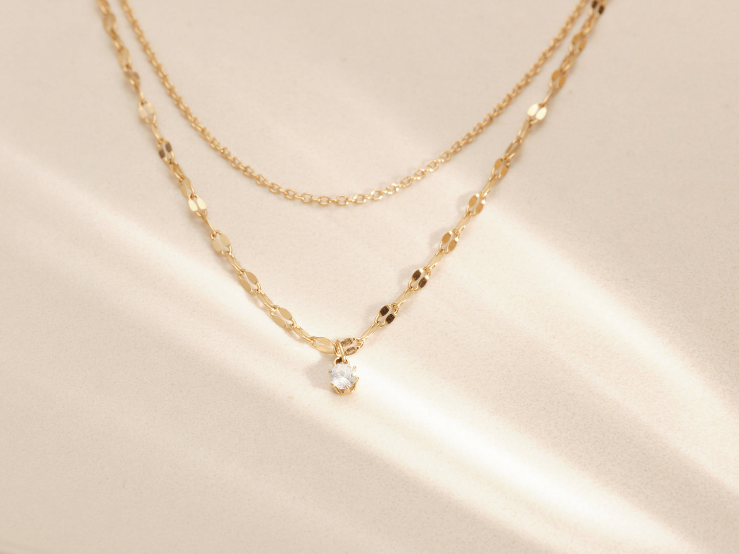 Gold Double chain CZ Necklace, Tiny Zircon Necklace, Tiny cz Necklace, Dainty Necklace, Sequin Chain Necklace, Float CZ Necklace, waterproof