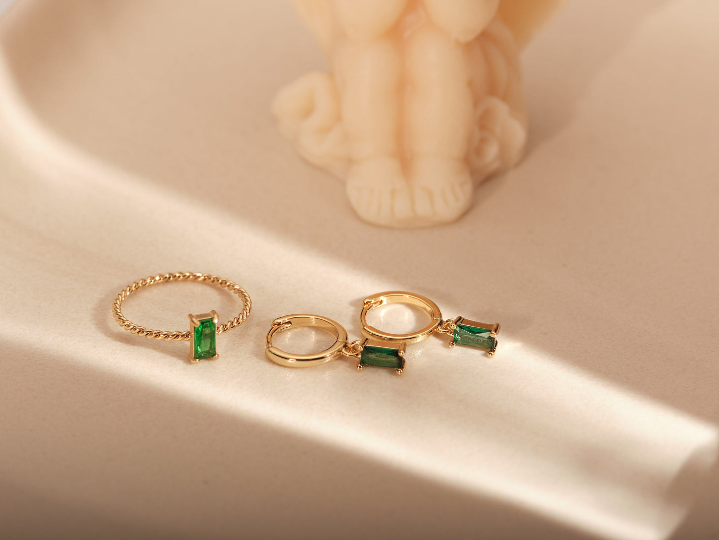 Zircon Stone Ring, Perfect Gift for her, Green CZ Ring, Emerald Earrings, Emerald Baguette Hoops, White Baguette Ring, Silver Post