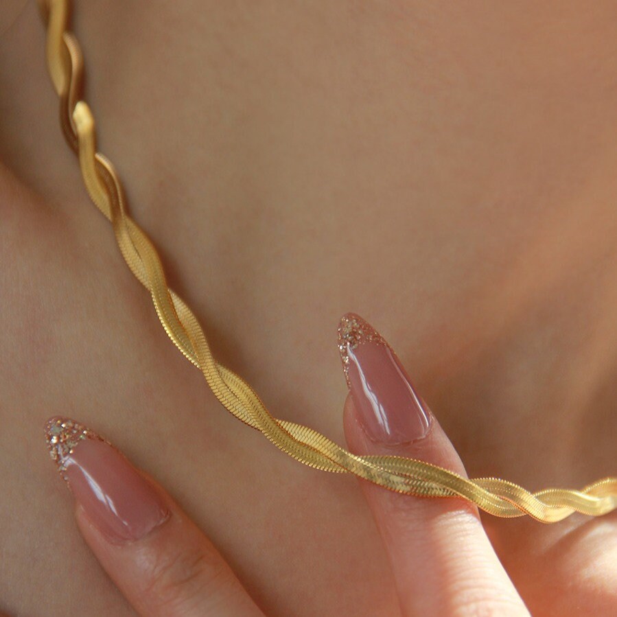 Gold Twist Herringbone Bracelet, Double Snake Chain Bracelet, Gold Herringbone Bracelet, Gold snake chain bracelet, Twisted Snake chain