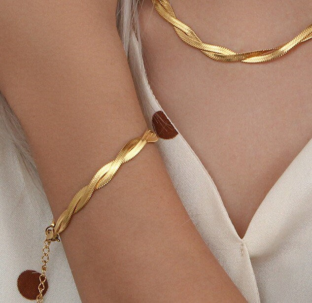 Gold Twist Herringbone Bracelet, Double Snake Chain Bracelet, Gold Herringbone Bracelet, Gold snake chain bracelet, Twisted Snake chain