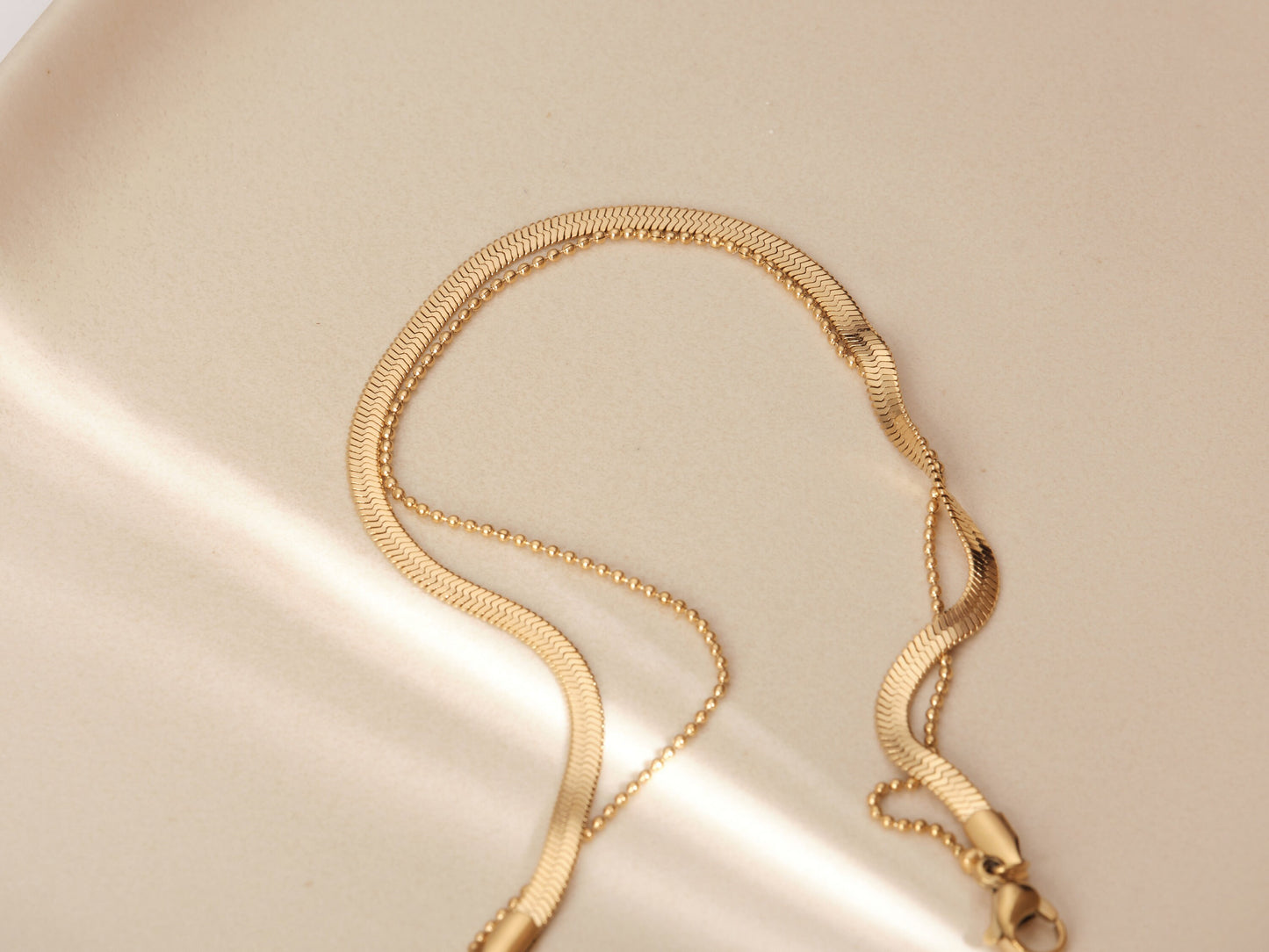 18K Gold Bracelet, Gold Double Chain Bracelet, Herringbone Bracelet, Snake Chain Bracelet, Gold Anklet, Double chain, Beaded Bracelet