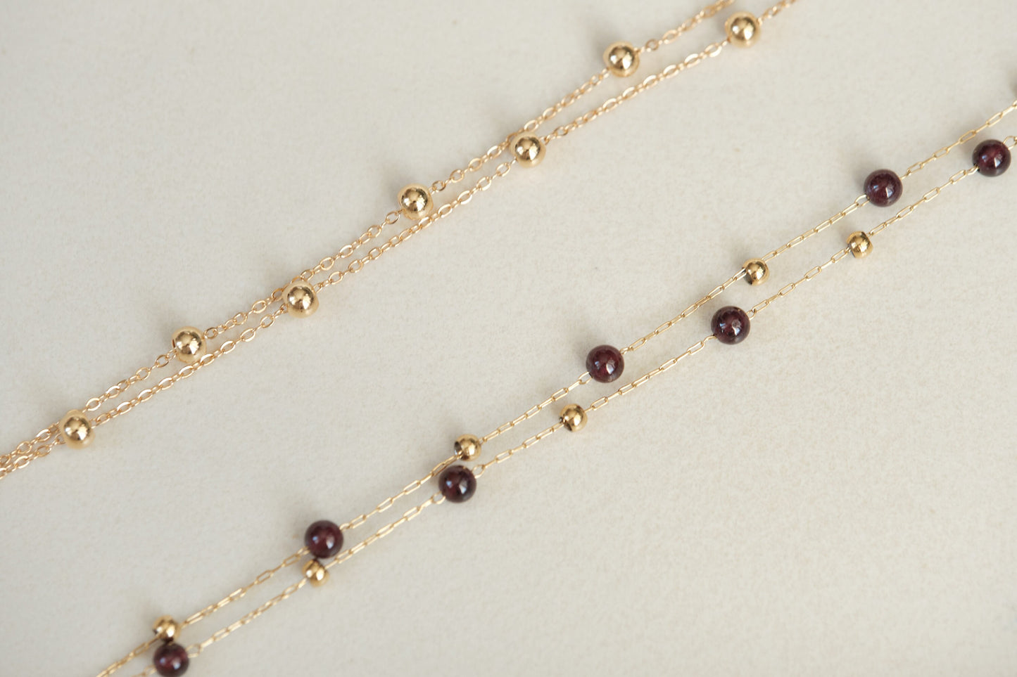 18k gold Garnet beads bracelet, double chain bracelet, double layer bracelet, garnet bracelet, birthstone garnet jewelry, gold bracelet