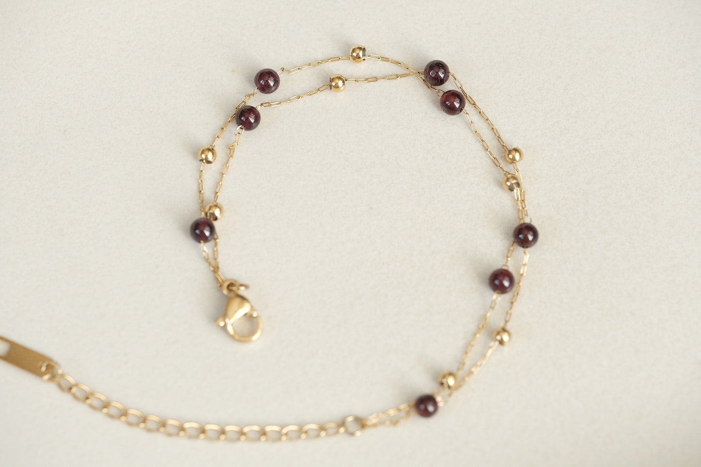 18k gold Garnet beads bracelet, double chain bracelet, double layer bracelet, garnet bracelet, birthstone garnet jewelry, gold bracelet