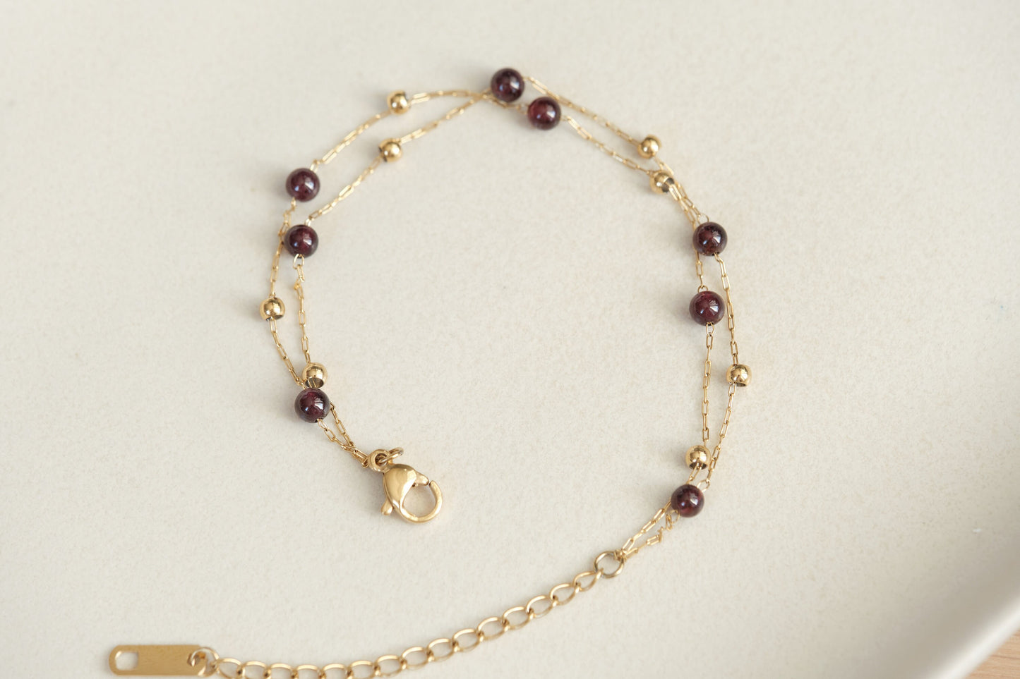 18k gold Garnet beads bracelet, double chain bracelet, double layer bracelet, garnet bracelet, birthstone garnet jewelry, gold bracelet