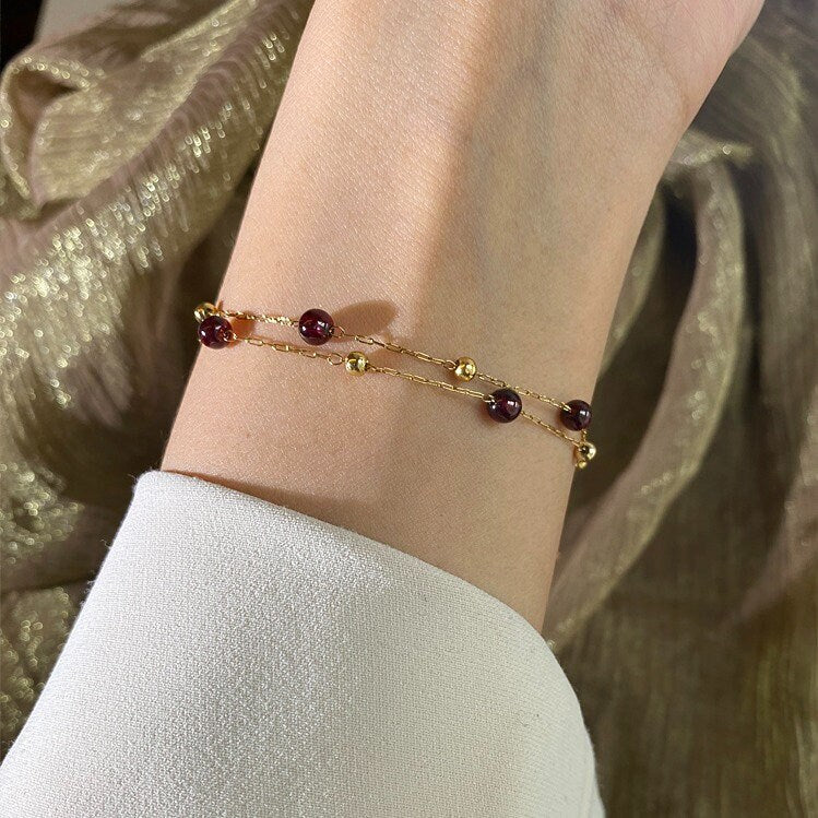 18k gold Garnet beads bracelet, double chain bracelet, double layer bracelet, garnet bracelet, birthstone garnet jewelry, gold bracelet